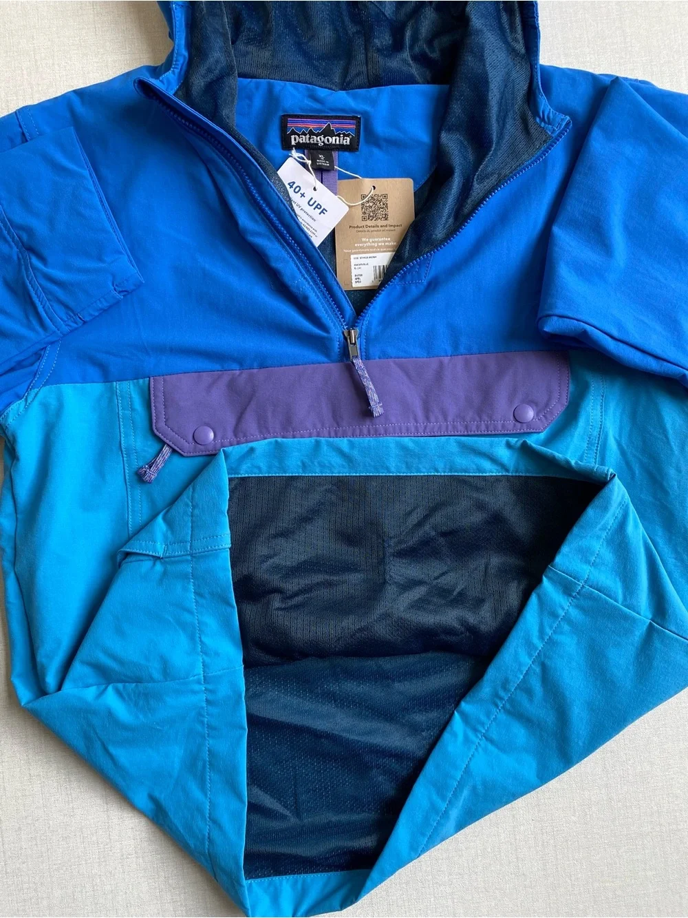 NWT Patagonia Kids Isthmus Anorak Hooded Jacket Blue Purple Size XL 14 40+ UPF